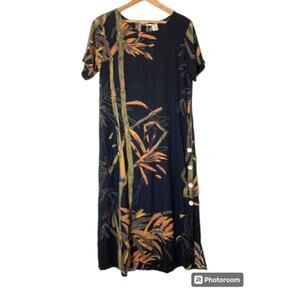 Vintage Black Tropical Maxi Dress - La Cera - Women's Small